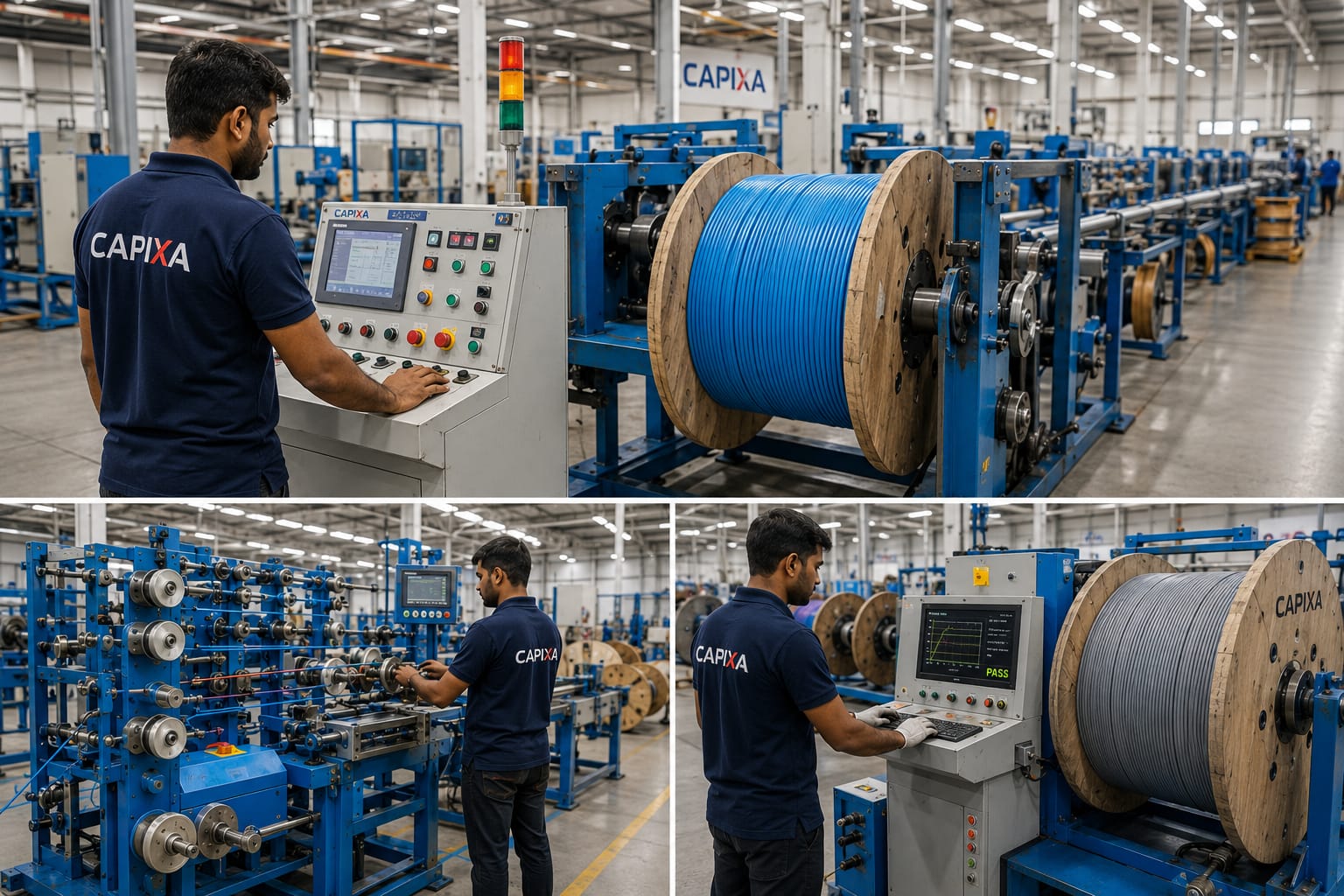 Capixa Industries cable manufacturing line with operator, control panels, and large cable spool