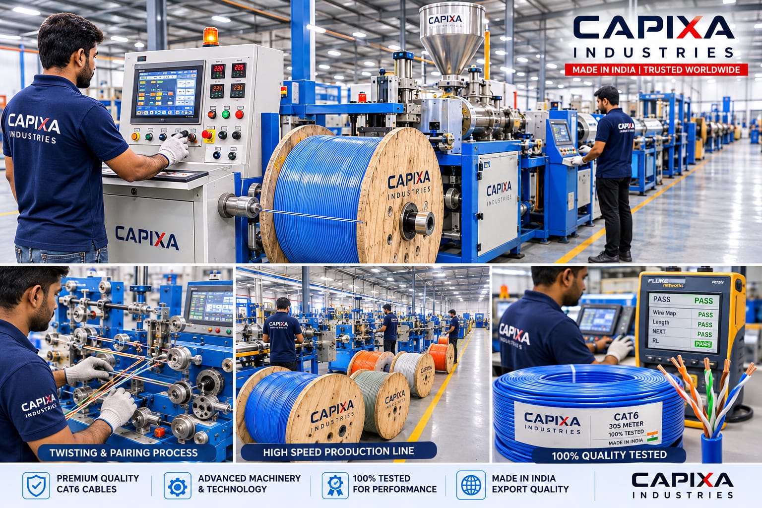 Capixa Industries CAT6 cable production collage showing twisting, pairing, testing, and high-speed manufacturing